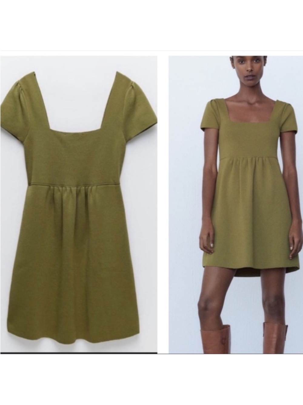 Zara green knit mini babydoll dress square neckline short sleeves sz M